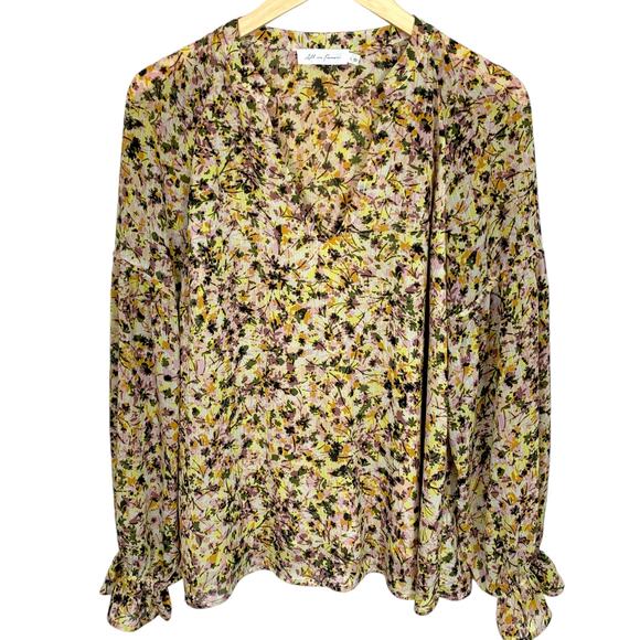 ALL IN FAVOR Women's L Yellow Purple Floral Pintuck Ruffle Cuff Blouse - Picture 1 of 8